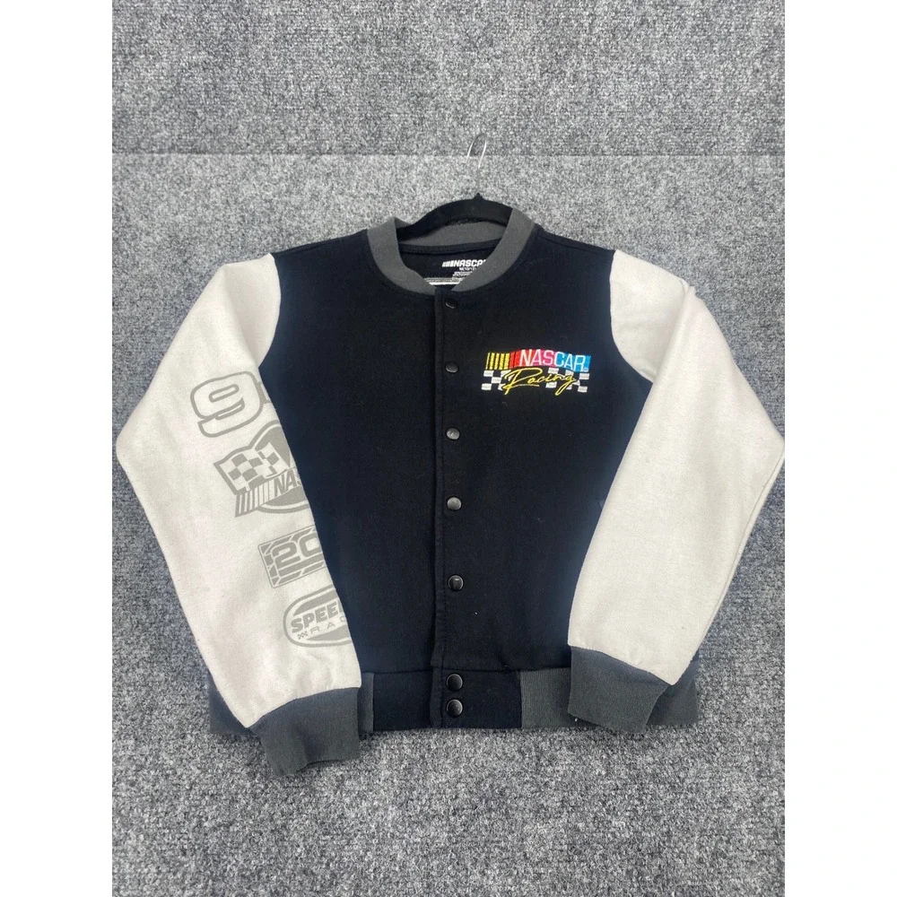 NASCAR Racing Varsity Jacket Boys Medium 10/12 Black White Snap Front Fleece